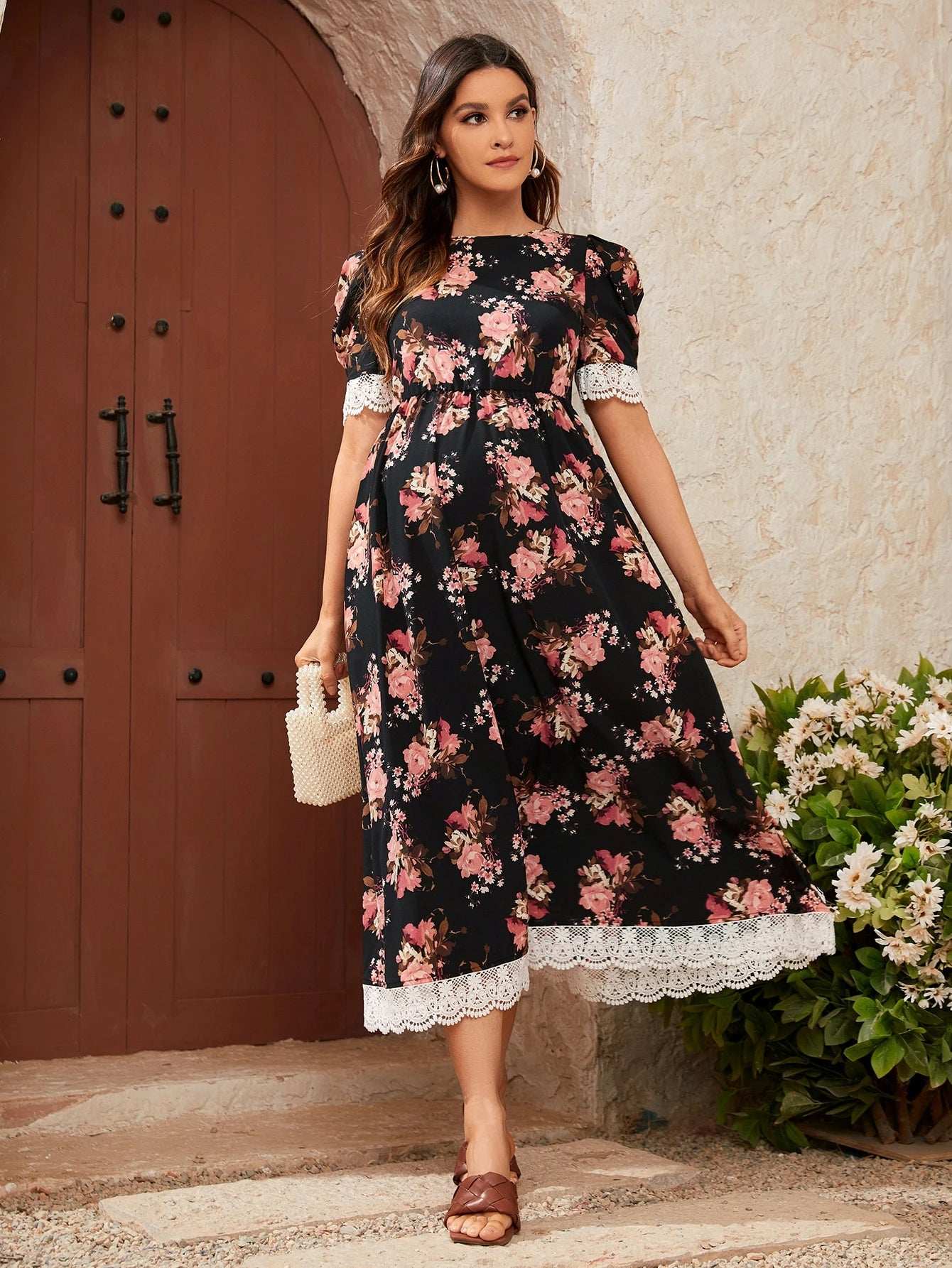 الأمومة بالكامل طباعة الأزهار متباينة جبر الدانتيل فستان منفوخ الأكمام - Pink&blue