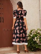 الأمومة بالكامل طباعة الأزهار متباينة جبر الدانتيل فستان منفوخ الأكمام - Pink&blue