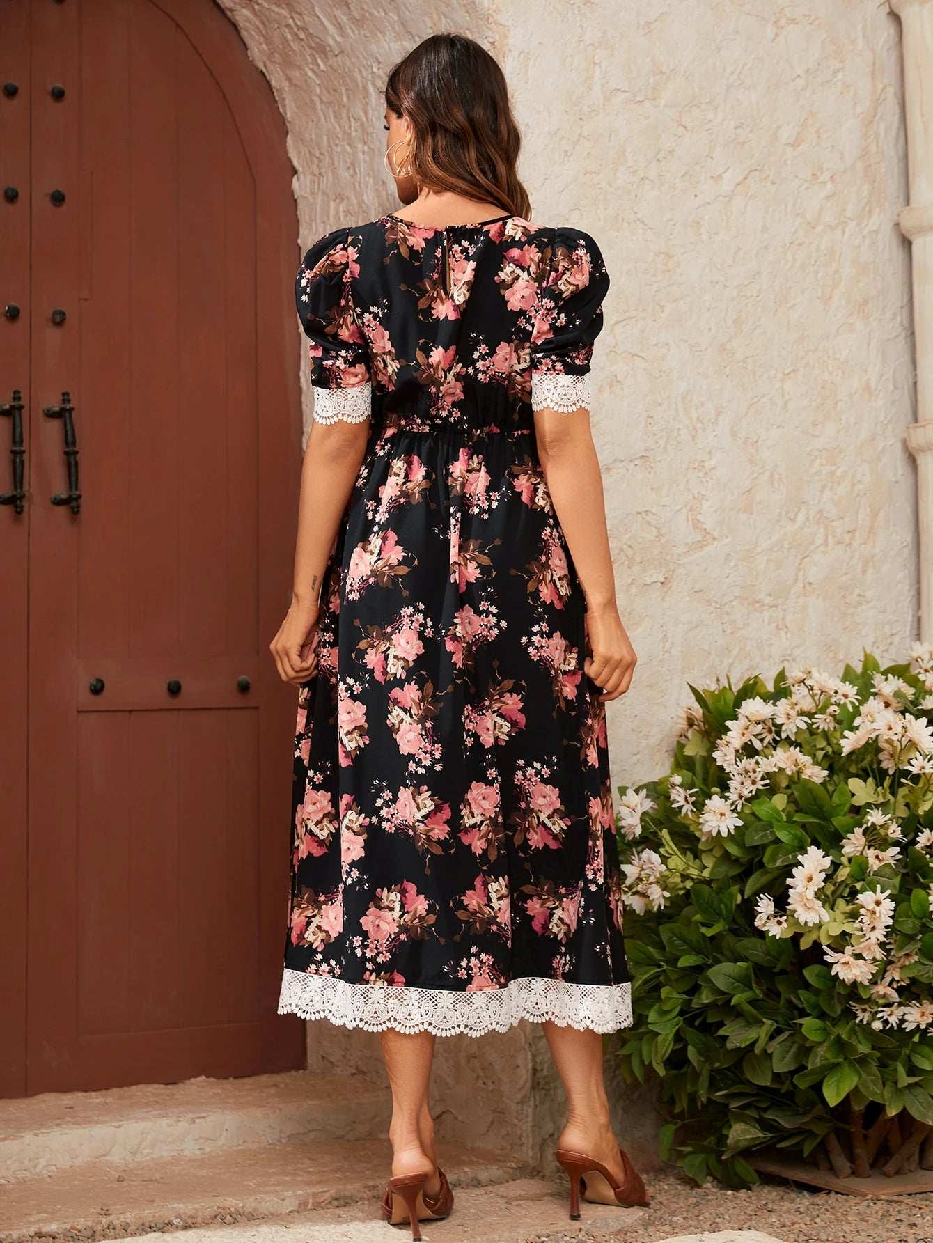 الأمومة بالكامل طباعة الأزهار متباينة جبر الدانتيل فستان منفوخ الأكمام - Pink&blue