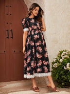 الأمومة بالكامل طباعة الأزهار متباينة جبر الدانتيل فستان منفوخ الأكمام - Pink&blue