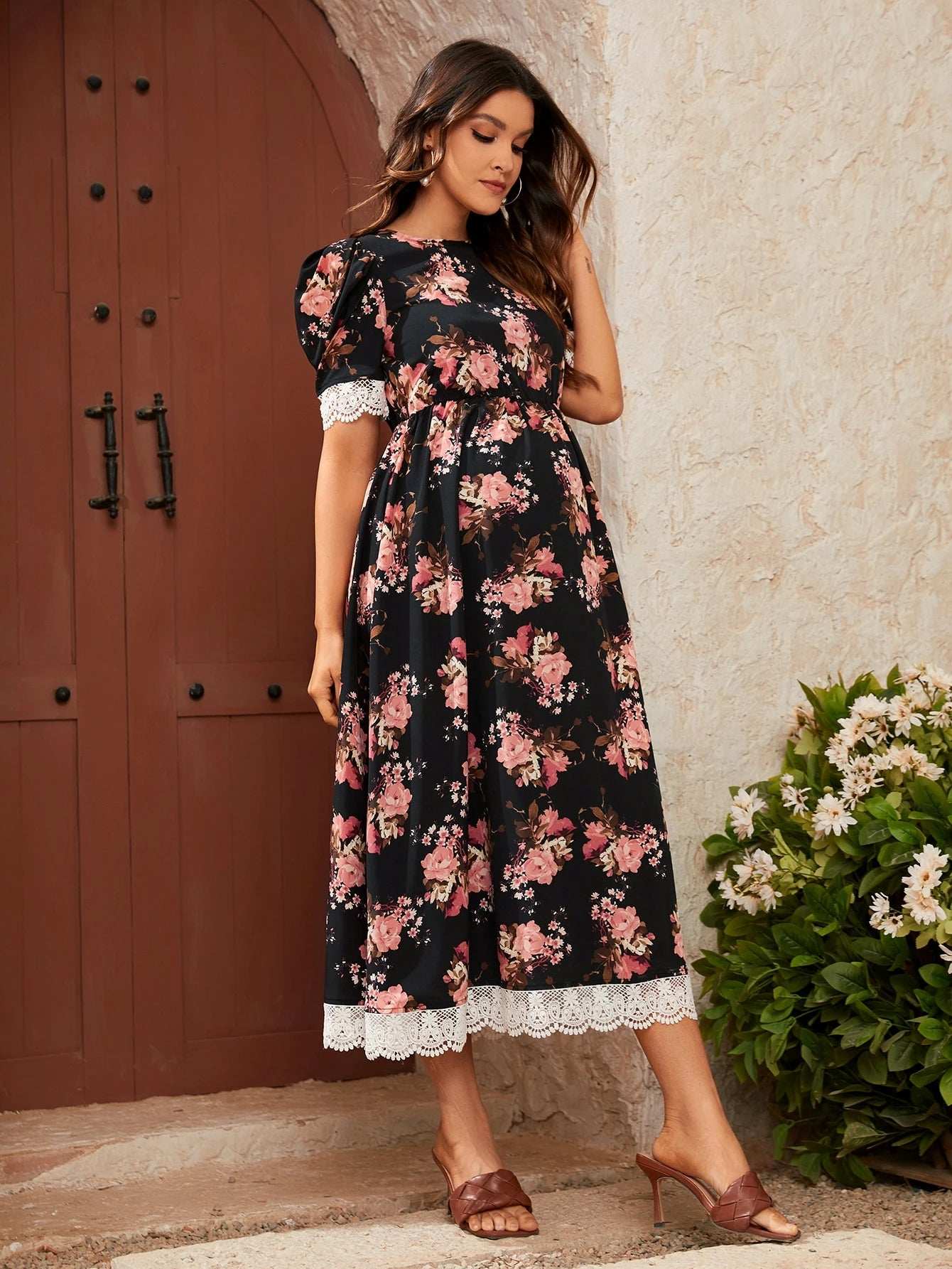 الأمومة بالكامل طباعة الأزهار متباينة جبر الدانتيل فستان منفوخ الأكمام - Pink&blue