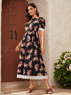 الأمومة بالكامل طباعة الأزهار متباينة جبر الدانتيل فستان منفوخ الأكمام - Pink&blue