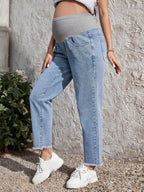 بنطلون جينز ألوان متباينة حافة خام للأمومة - Pink&blue