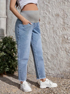 بنطلون جينز ألوان متباينة حافة خام للأمومة - Pink&blue