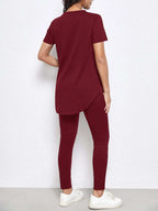 طقم لباس علوي وطماق فتحة حافة منحنية موحدة اللون للأمومة - Pink&blue