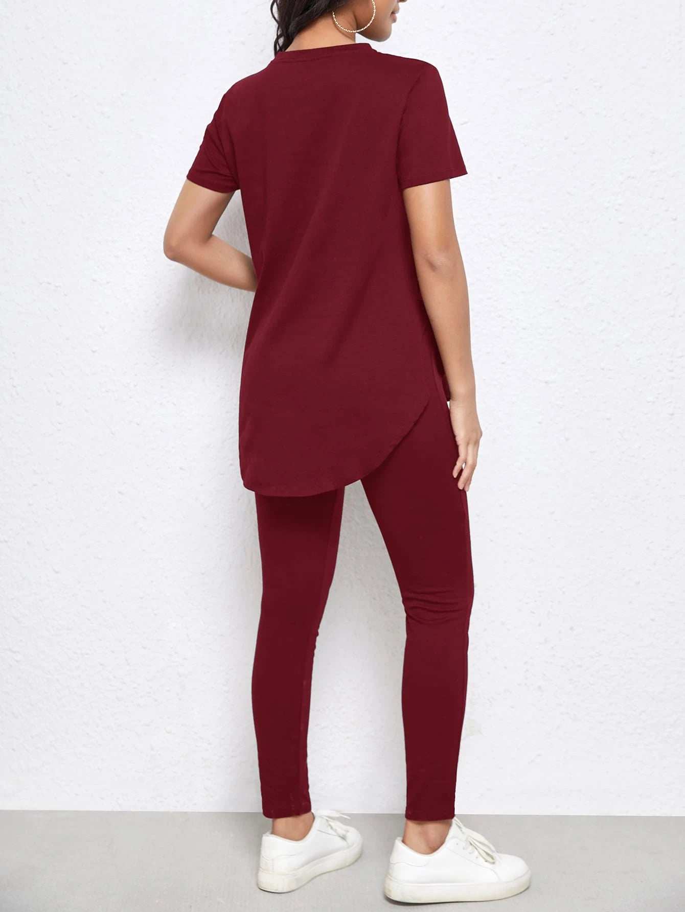 طقم لباس علوي وطماق فتحة حافة منحنية موحدة اللون للأمومة - Pink&blue