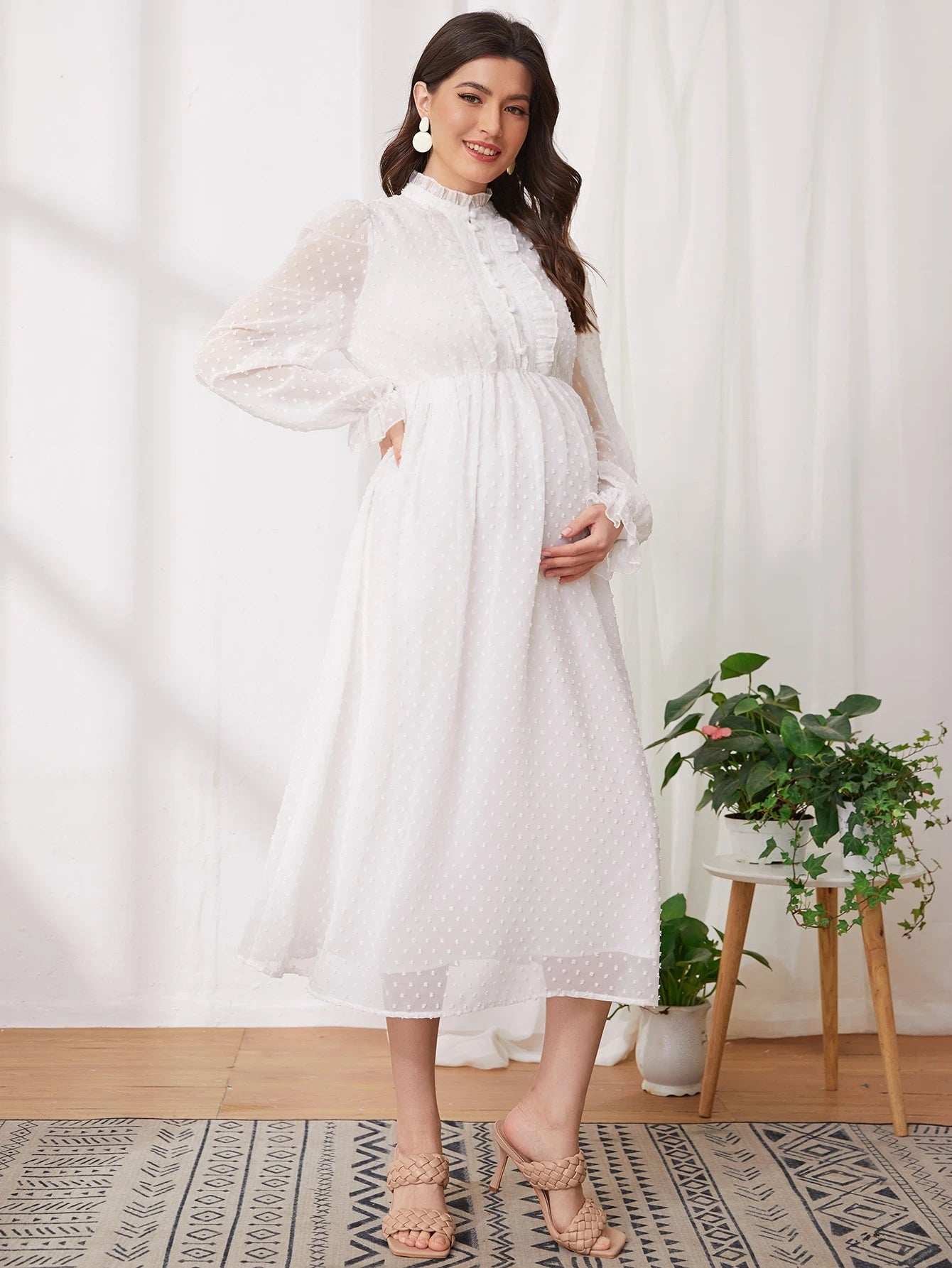 فستان منقط سويسري مقلم بهدب وبكفة مكشكش للامومة - Pink&blue