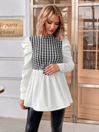 بلوزة مطوي الثنايا مربعات مسنن اكمام شكل ساق الضأن للأمومة - Pink&blue