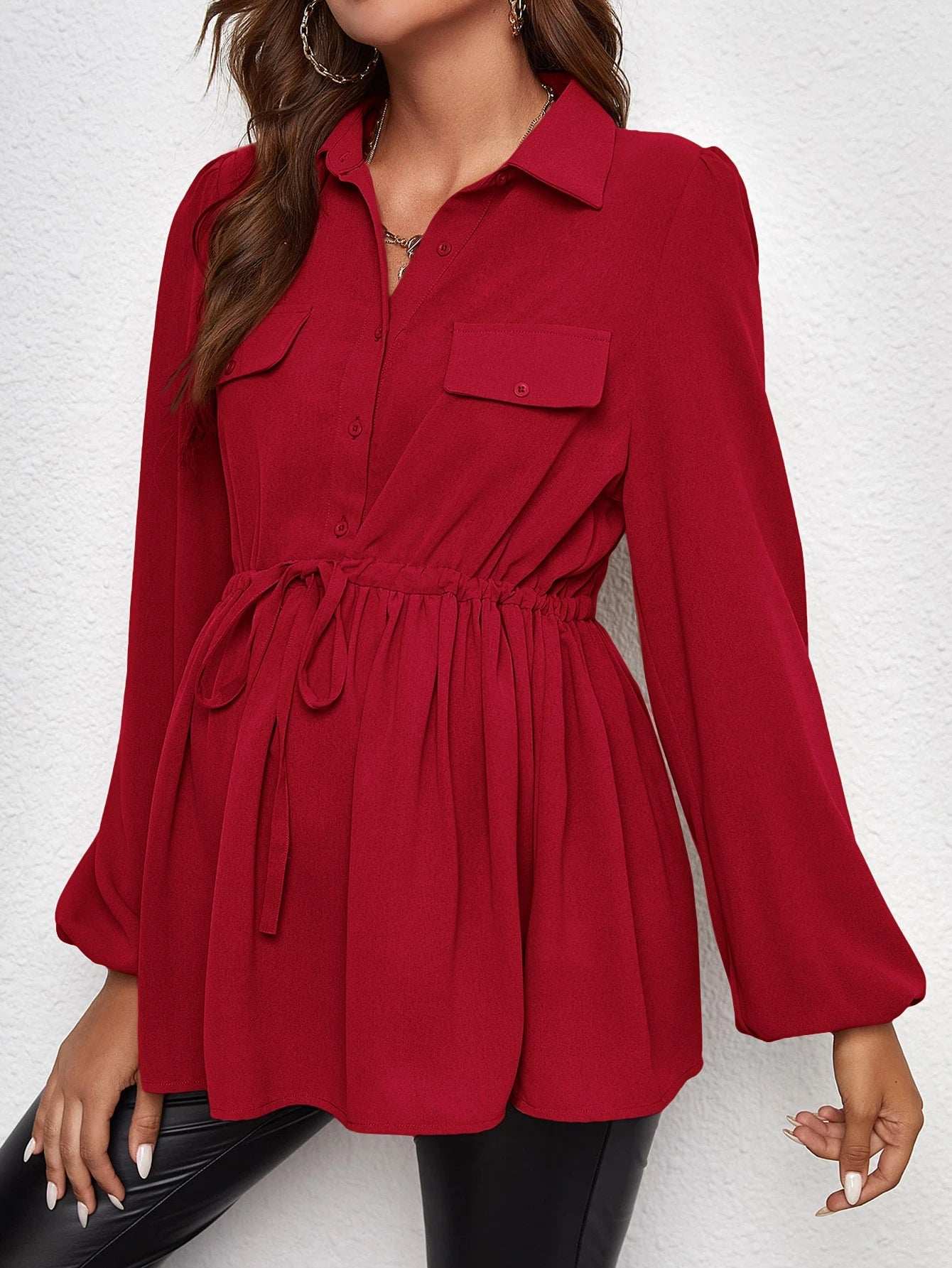 بلوزة أكمام فانوس رباط خصر للأمومة - Pink&blue