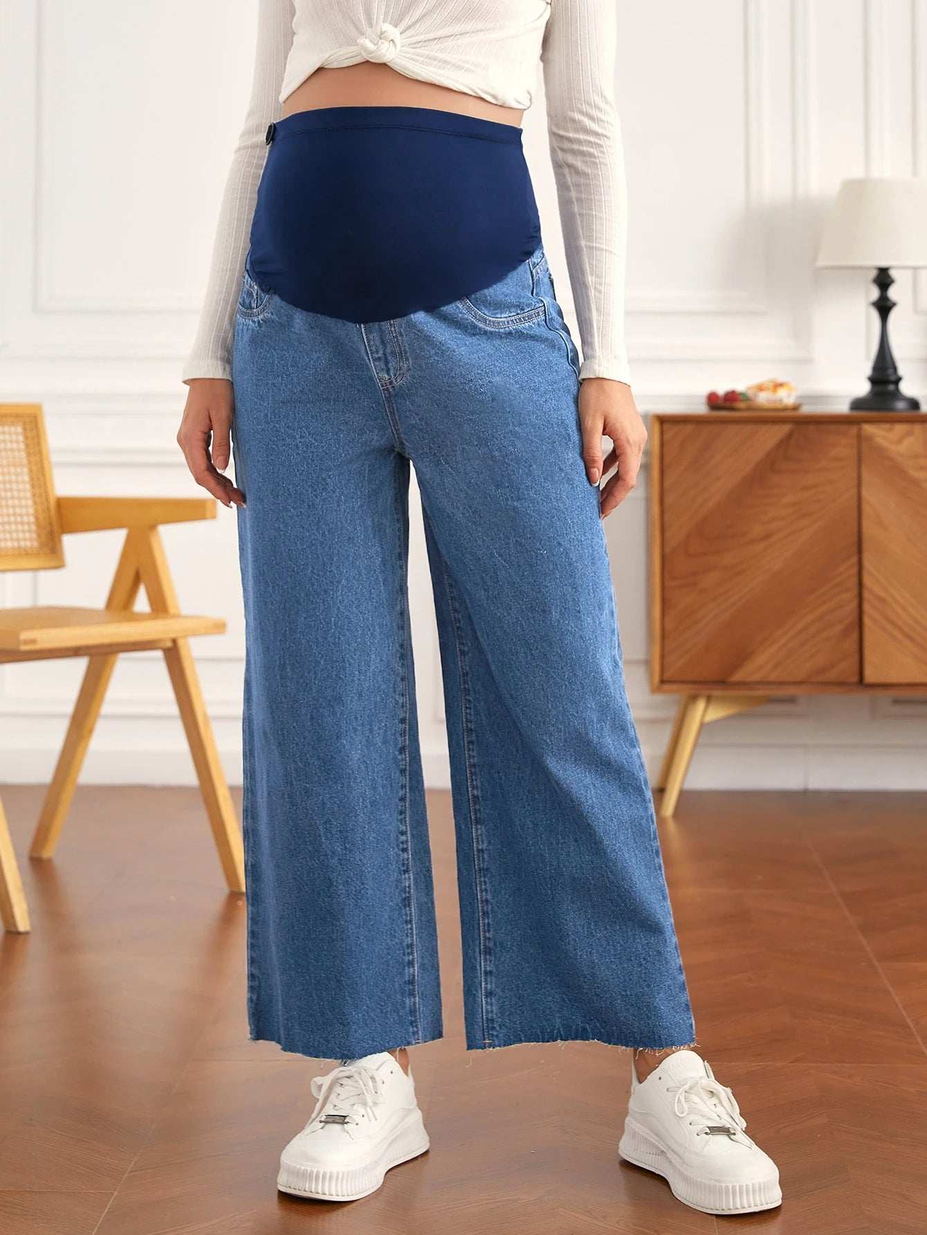 بنطلون جينز قابل للتعديل خصر مرن بحافة مهتري الحواف ساق عريضة للأمومة - Pink&blue