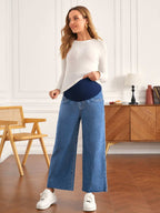 بنطلون جينز قابل للتعديل خصر مرن بحافة مهتري الحواف ساق عريضة للأمومة - Pink&blue