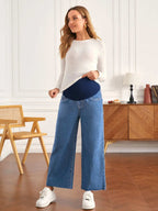 بنطلون جينز قابل للتعديل خصر مرن بحافة مهتري الحواف ساق عريضة للأمومة - Pink&blue