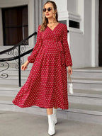 فستان بحزام بطباعة نقاط البولكا أكمام فانوس للأمومة - Pink&blue