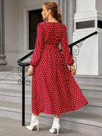 فستان بحزام بطباعة نقاط البولكا أكمام فانوس للأمومة - Pink&blue