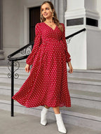 فستان بحزام بطباعة نقاط البولكا أكمام فانوس للأمومة - Pink&blue