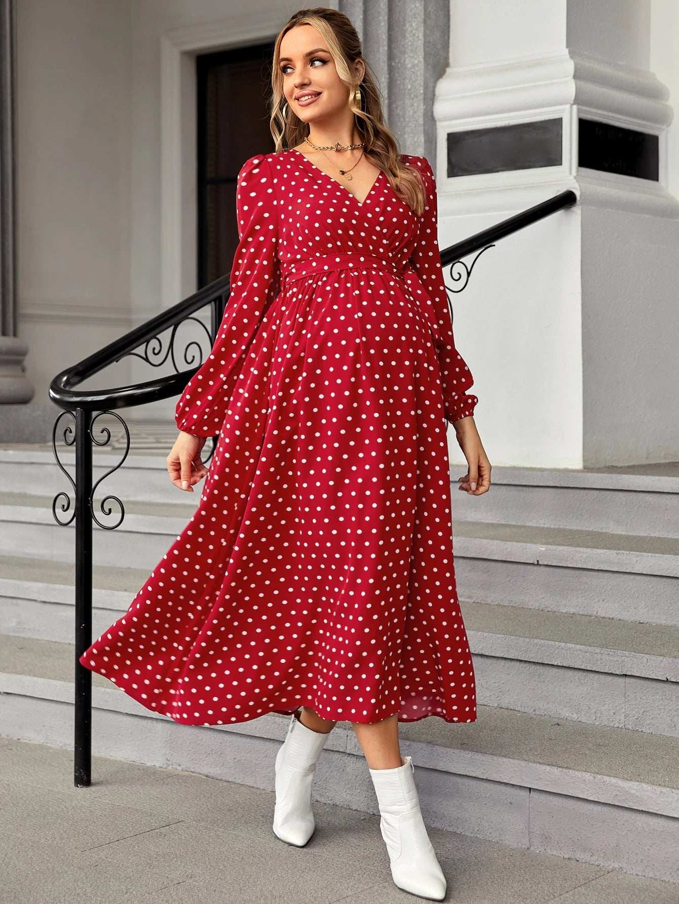 فستان بحزام بطباعة نقاط البولكا أكمام فانوس للأمومة - Pink&blue