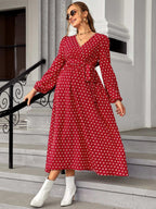 فستان بحزام بطباعة نقاط البولكا أكمام فانوس للأمومة - Pink&blue