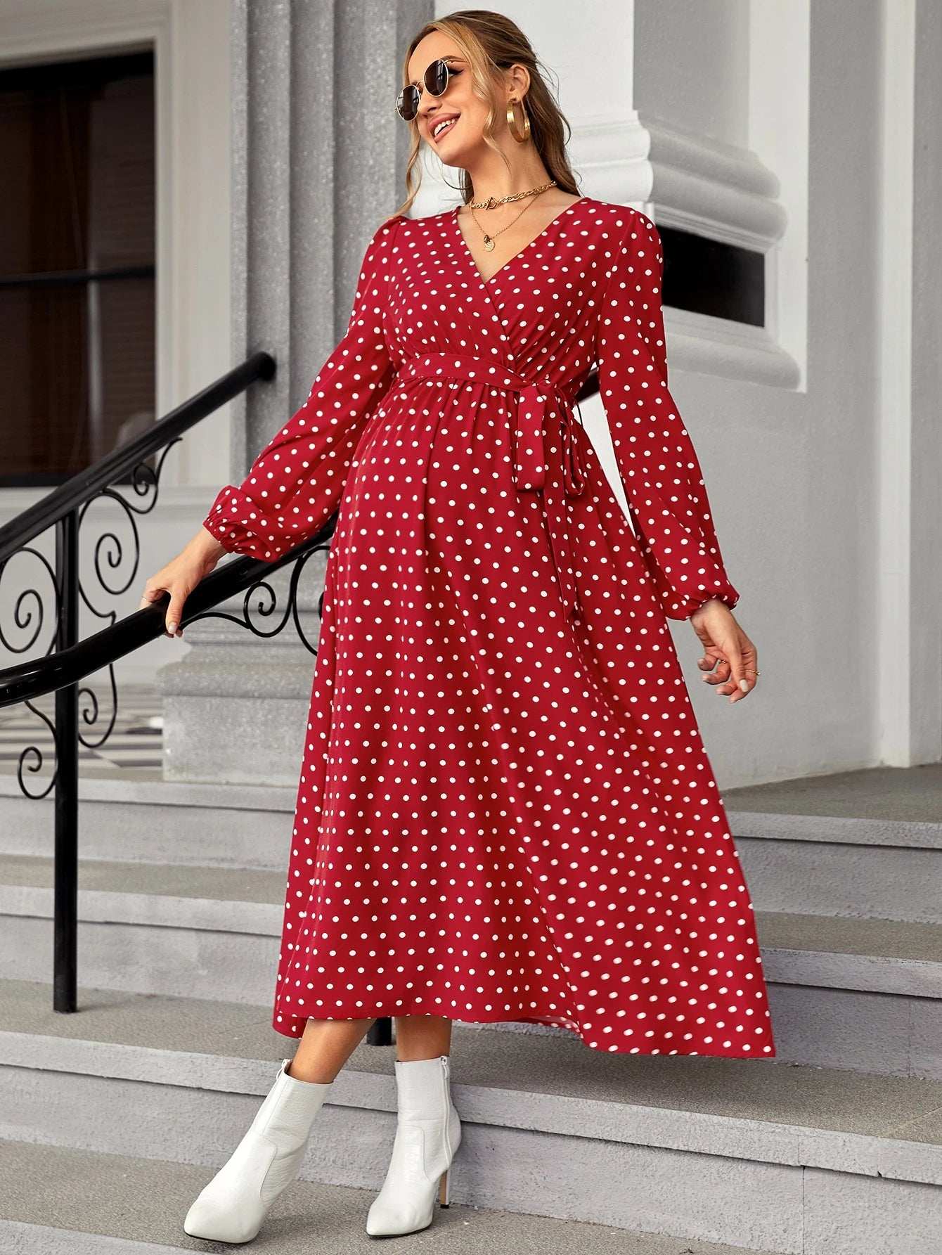 فستان بحزام بطباعة نقاط البولكا أكمام فانوس للأمومة - Pink&blue