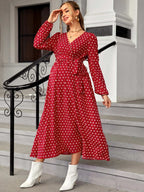 فستان بحزام بطباعة نقاط البولكا أكمام فانوس للأمومة - Pink&blue