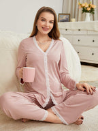 طقم بيجامة ربطة الرقبة بأكمام طويلة للحوامل مع تصميم بتشورك من الدانتيل - Pink&blue