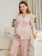 طقم بيجامة ربطة الرقبة بأكمام طويلة للحوامل مع تصميم بتشورك من الدانتيل - Pink&blue