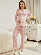 طقم بيجامة ربطة الرقبة بأكمام طويلة للحوامل مع تصميم بتشورك من الدانتيل - Pink&blue