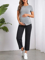 بنطلون جينز شريط خصر واسع حافة خام للأمومة - Pink&blue