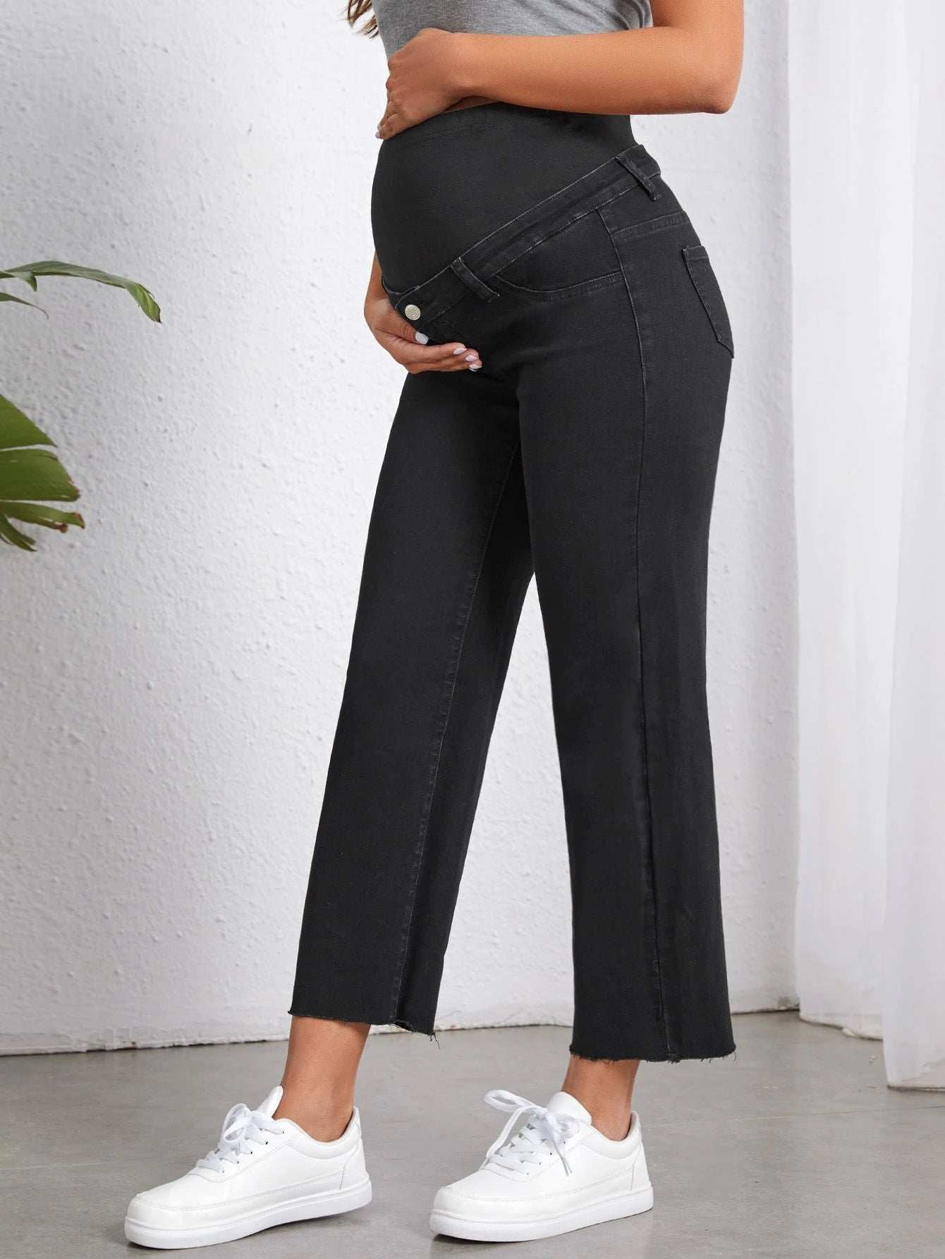 بنطلون جينز شريط خصر واسع حافة خام للأمومة - Pink&blue