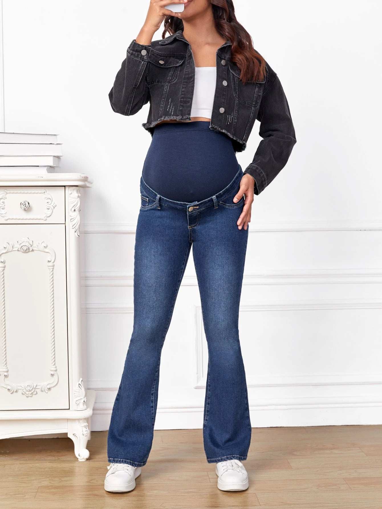 بنطلون جينز واسع من الاسفل شريط خصر واسع للأمومة - Pink&blue