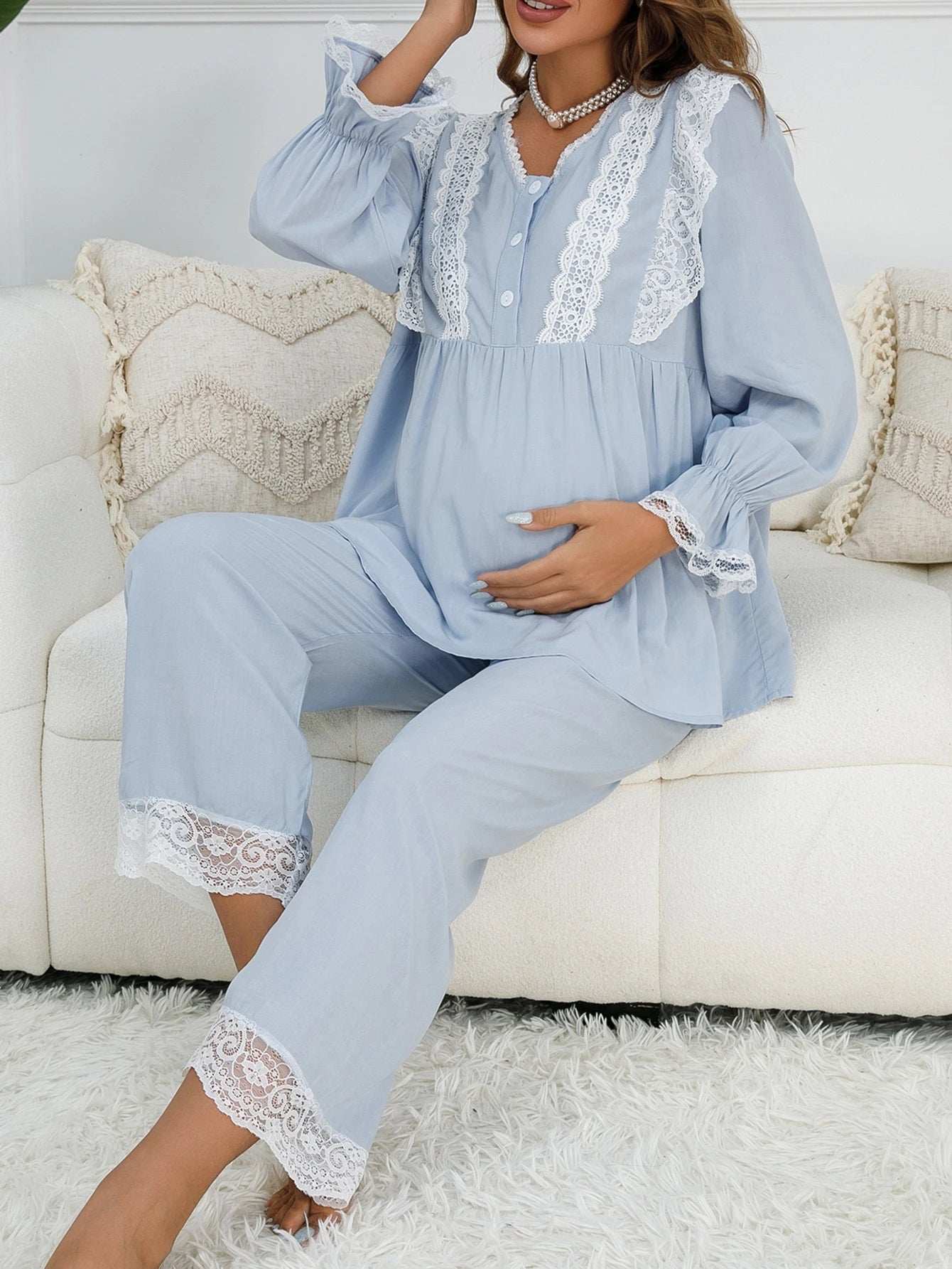 طقم بيجاما للأم مع كشكشة أكمام التدرج ورقبة الدانتيل والهامش المكسر - Pink&blue