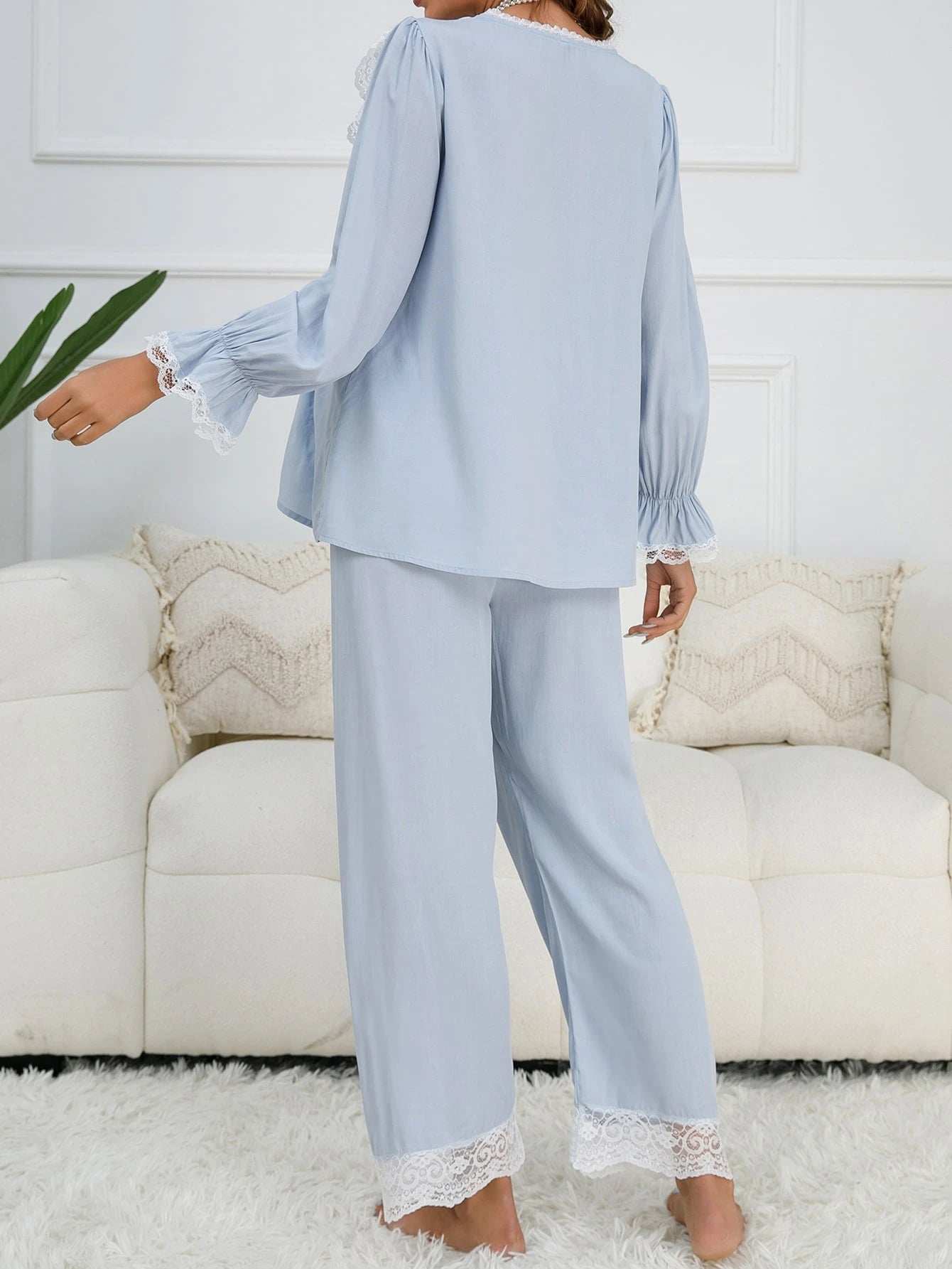 طقم بيجاما للأم مع كشكشة أكمام التدرج ورقبة الدانتيل والهامش المكسر - Pink&blue