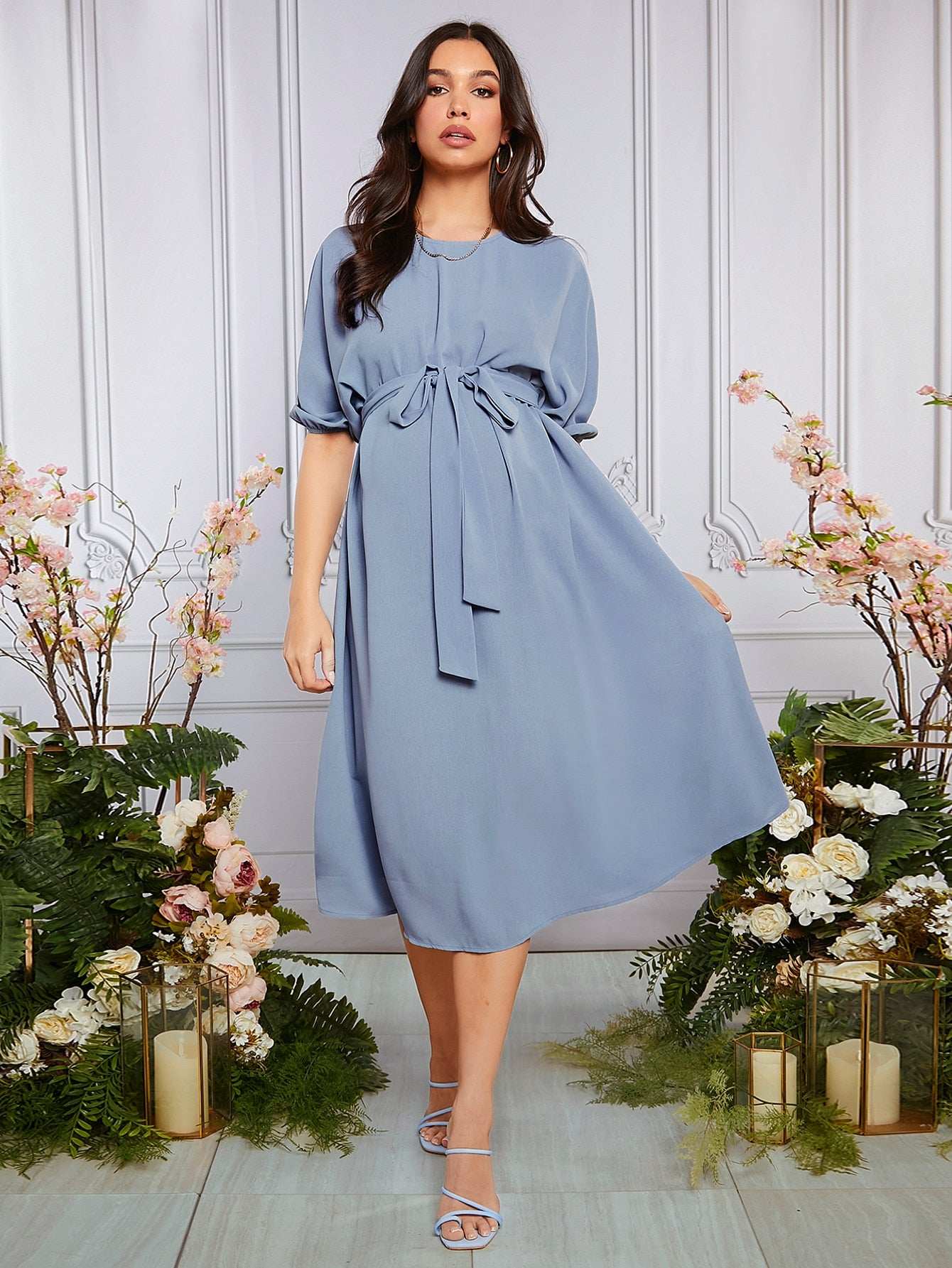 فستان بحزام موحدة اللون للأمومة - Pink&blue