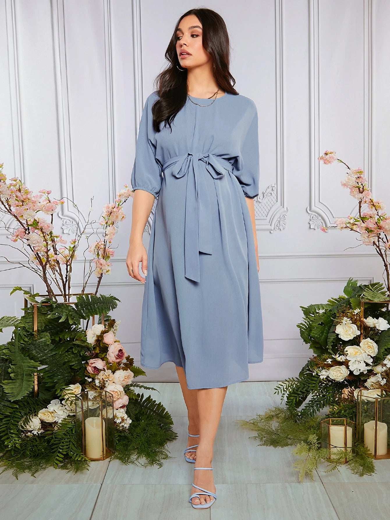 فستان بحزام موحدة اللون للأمومة - Pink&blue