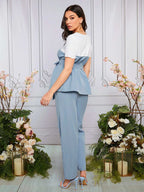 مجموعة ملابس علوية ملابس علوية وبنطلون ذي خصر قابل للتعديل ، أكتاف متباينة الألوان لحفلات الحوامل - Pink&blue