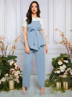 مجموعة ملابس علوية ملابس علوية وبنطلون ذي خصر قابل للتعديل ، أكتاف متباينة الألوان لحفلات الحوامل - Pink&blue