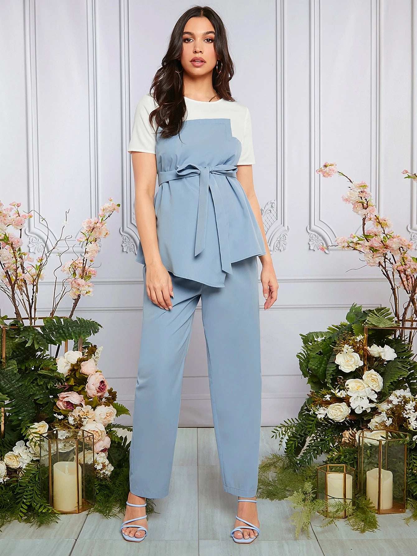 مجموعة ملابس علوية ملابس علوية وبنطلون ذي خصر قابل للتعديل ، أكتاف متباينة الألوان لحفلات الحوامل - Pink&blue