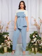 مجموعة ملابس علوية ملابس علوية وبنطلون ذي خصر قابل للتعديل ، أكتاف متباينة الألوان لحفلات الحوامل - Pink&blue