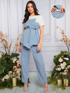 مجموعة ملابس علوية ملابس علوية وبنطلون ذي خصر قابل للتعديل ، أكتاف متباينة الألوان لحفلات الحوامل - Pink&blue