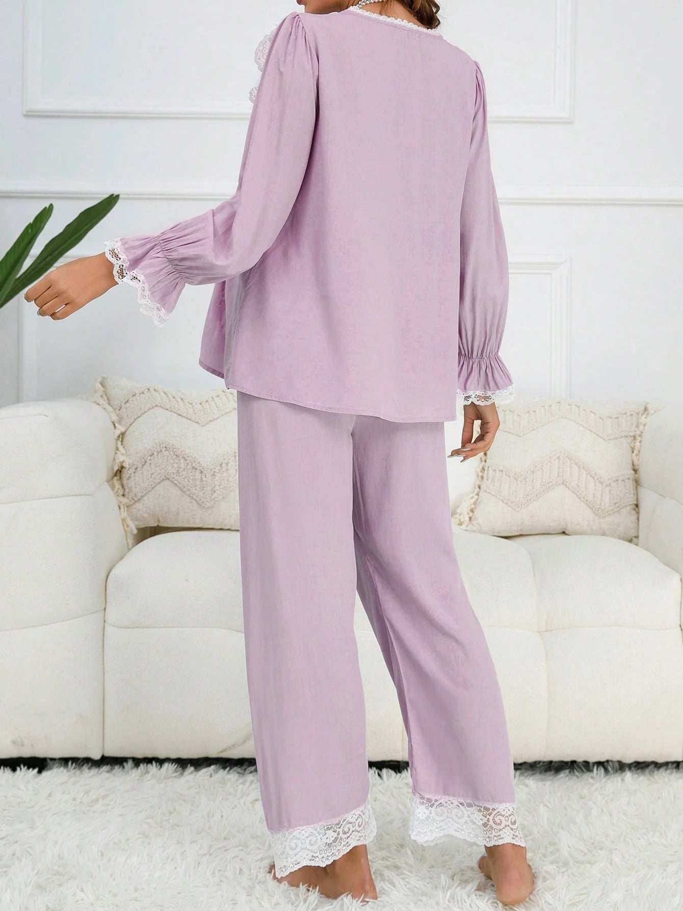 مجموعة بيجامات/ملابس نوم لأم بأكمام منفوشة مع تطريز دانتيل باللونين, أمام بأزرار - Pink&blue