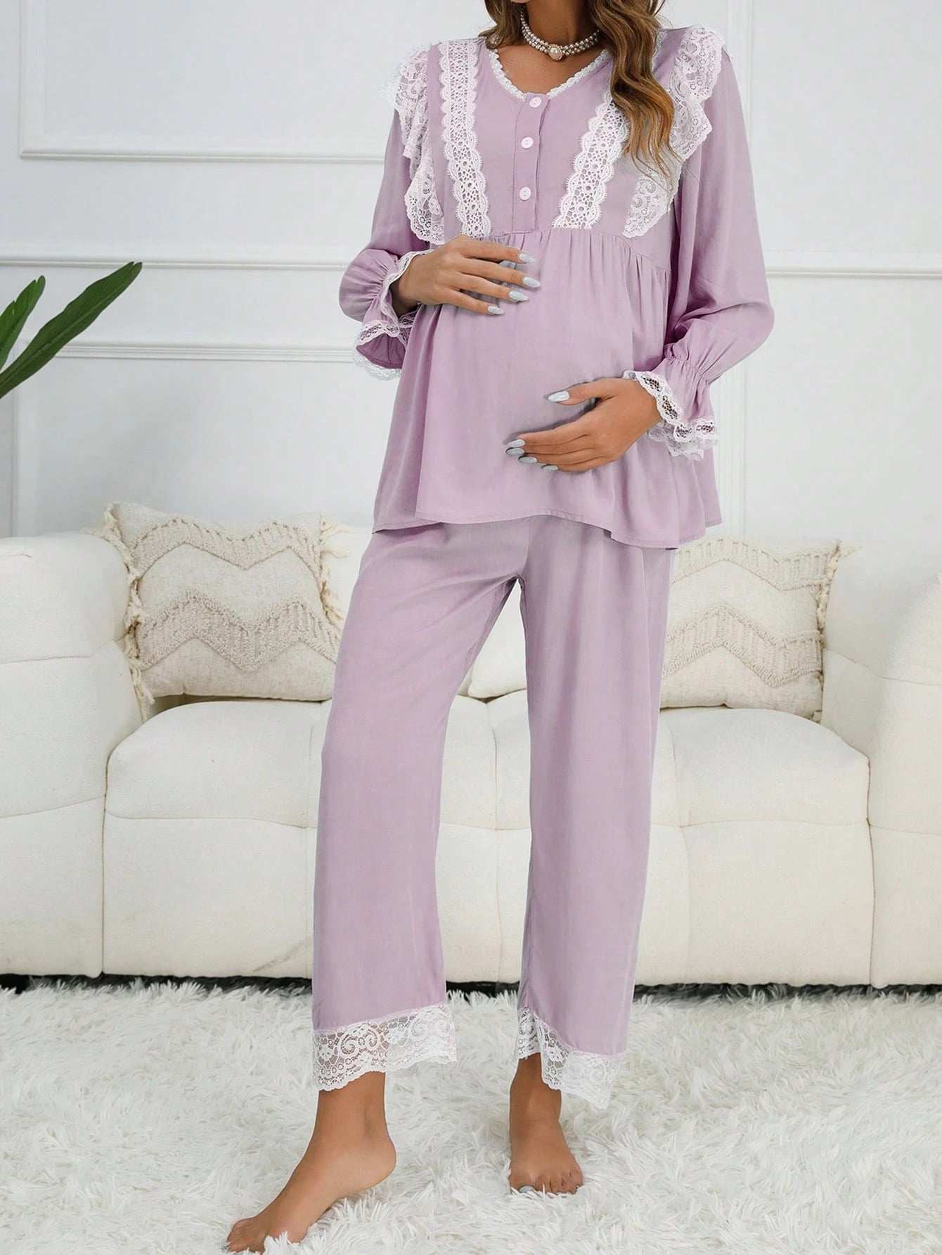 مجموعة بيجامات/ملابس نوم لأم بأكمام منفوشة مع تطريز دانتيل باللونين, أمام بأزرار - Pink&blue