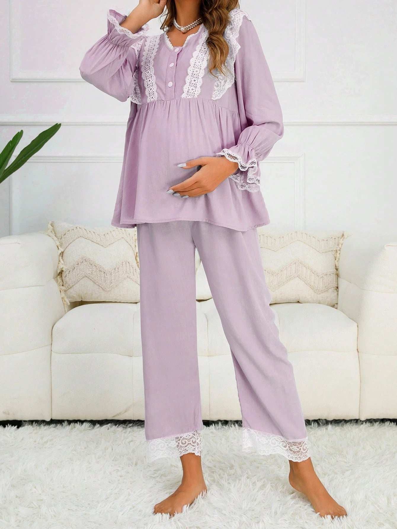 مجموعة بيجامات/ملابس نوم لأم بأكمام منفوشة مع تطريز دانتيل باللونين, أمام بأزرار - Pink&blue