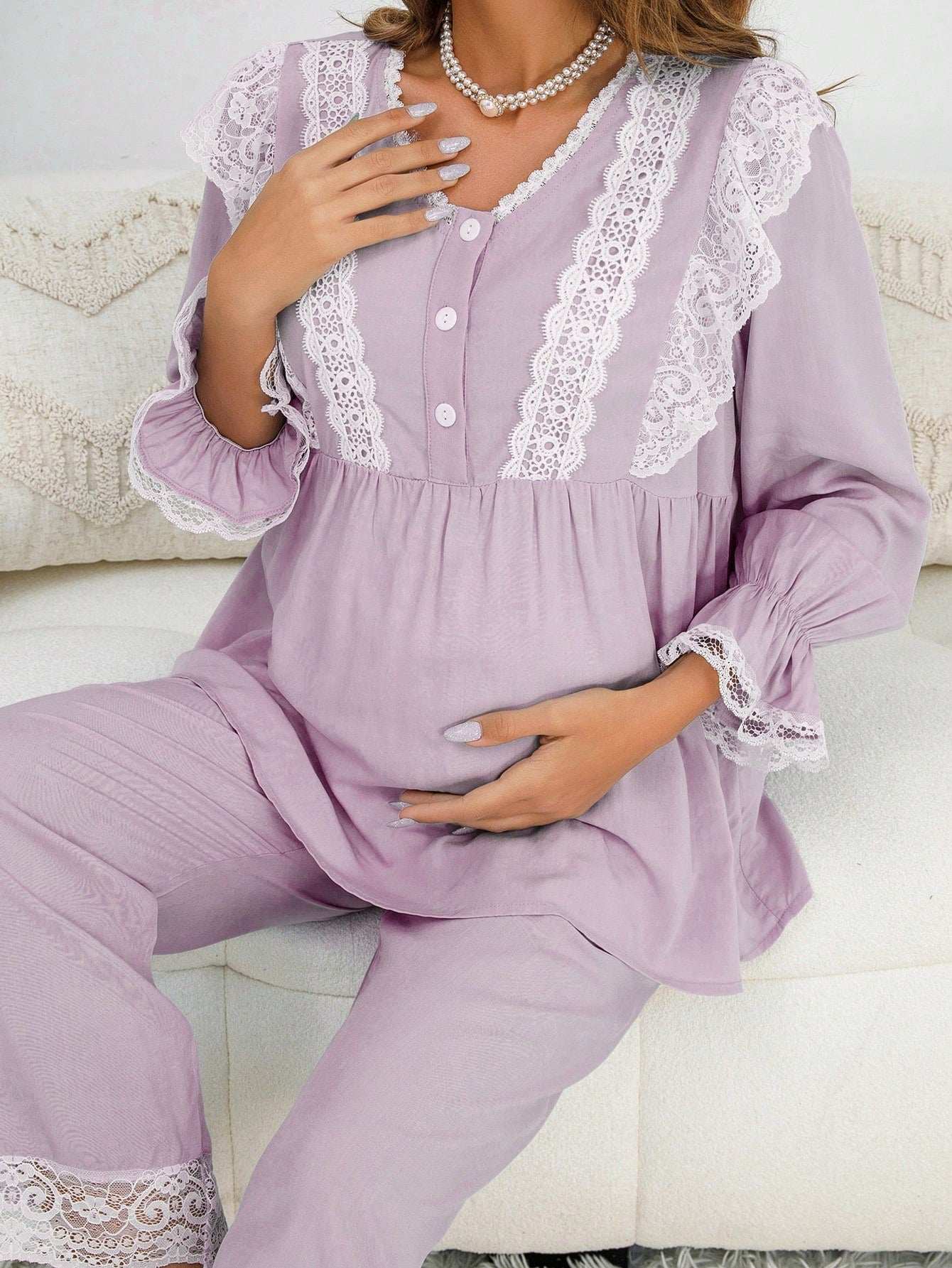 مجموعة بيجامات/ملابس نوم لأم بأكمام منفوشة مع تطريز دانتيل باللونين, أمام بأزرار - Pink&blue