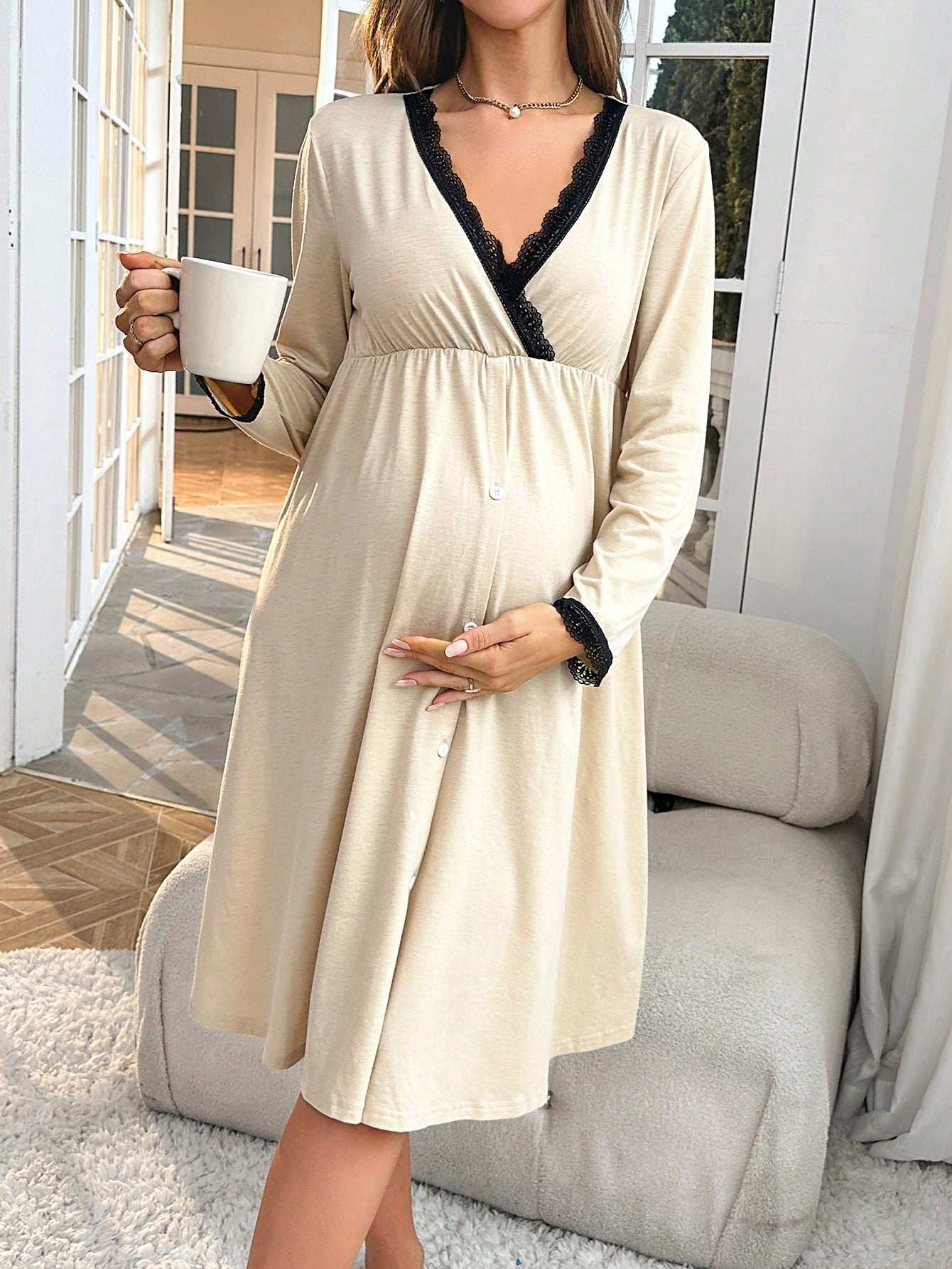 فستان مقلم بدانتيل متباين عنق متداخل للأمومة - Pink&blue