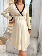 فستان مقلم بدانتيل متباين عنق متداخل للأمومة - Pink&blue