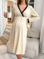 فستان مقلم بدانتيل متباين عنق متداخل للأمومة - Pink&blue