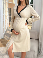 فستان مقلم بدانتيل متباين عنق متداخل للأمومة - Pink&blue