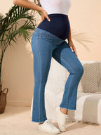 بنطلون جينز واسع من الاسفل شريط خصر واسع حافة خام للأمومة - Pink&blue