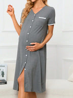 فستان نوم أمومة مميز بأزرار وحواف متباينة للأم - Pink&blue