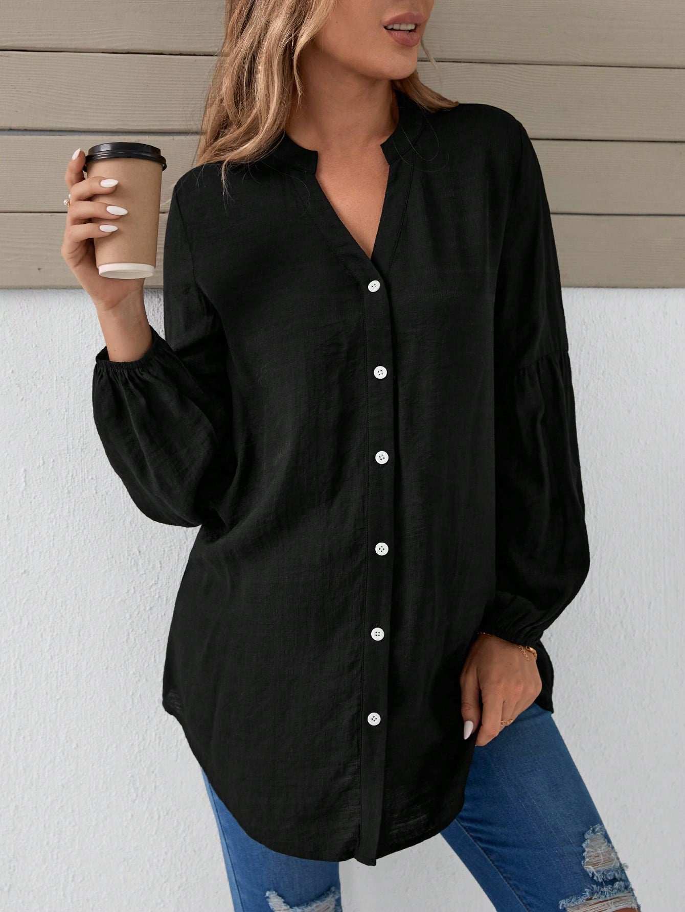 بلوزة بياقة مسننة بخط العنق بأكمام فانوس منحنية - Pink&blue