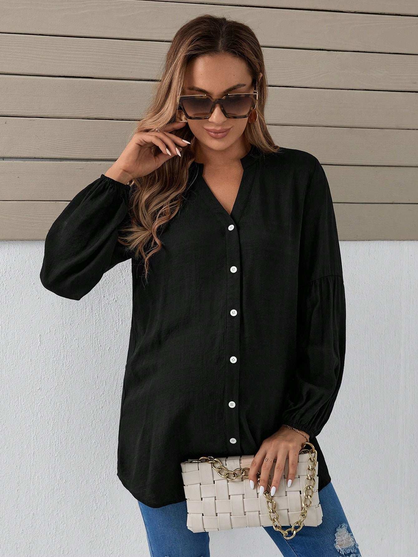 بلوزة بياقة مسننة بخط العنق بأكمام فانوس منحنية - Pink&blue